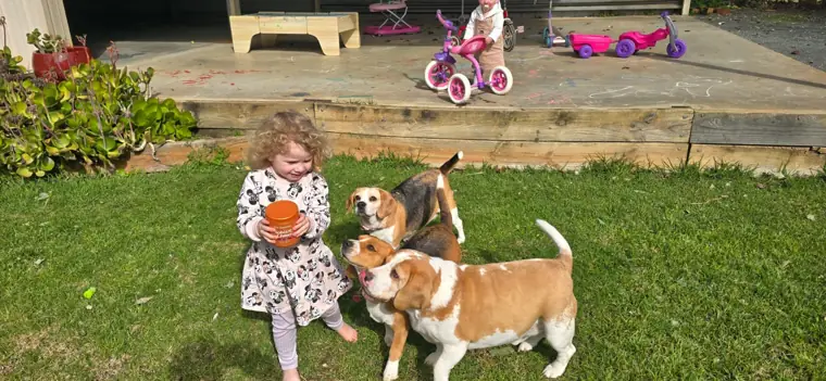 Girl holding a Bestie Bites jar with two beagles in the backyard